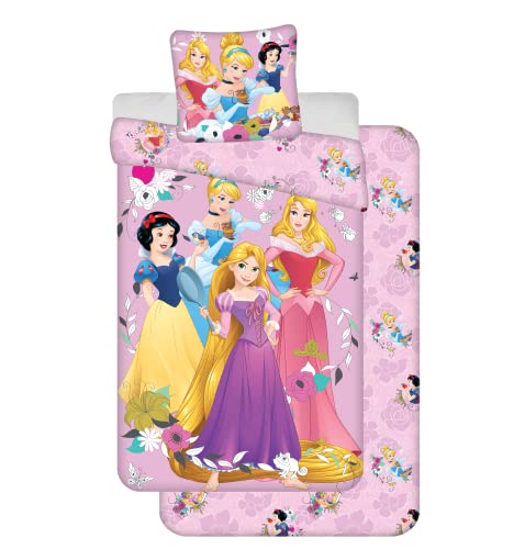 Disney Princesas - Juego de funda nórdica de 140 x 200 cm + funda de almohada + sábana bajera ajustable de 90 x 200 cm, 100% algodón