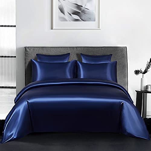 Michorinee Funda nórdica de satén de 240 x 260, color azul con 2 fundas de almohada de 65 x 65 cm, juego de cama para adultos para 2 personas, ropa de cama de satén de seda brillante con cremallera