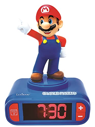 Lexibook Nintendo Super Mario-Reloj Despertador con Pantalla LCD Digital, quitamiedos niño, Azul/Roja RL800NI