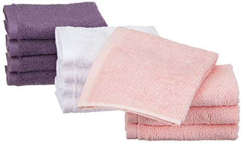 Amazon Basics Toallas de algodón, 12 Unidad, Multicolor (Rosa Pétalo, Lavanda, Blanco), 30 cm x 30 cm