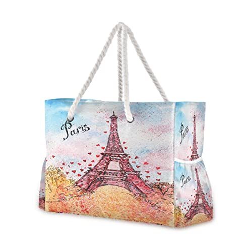 Mnsruu Paris Torre Eiffel Bolsa de pintura al óleo para playa, bolsa grande, asas de cuerda para compras, comestibles, viajes, al aire libre