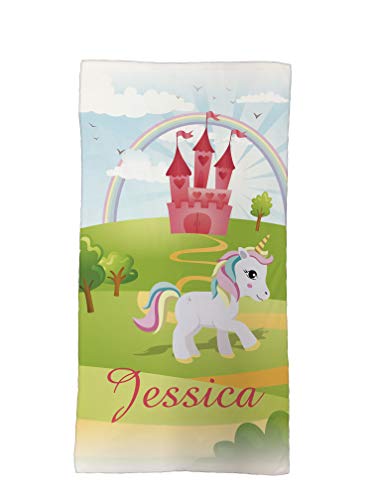 MakeThisMine Toalla de algodón para niños, diseño de unicornio de cuento de hadas, 50 x 100 cm, personalizable, con cualquier nombre, colorida toalla de baño, playa, cumpleaños