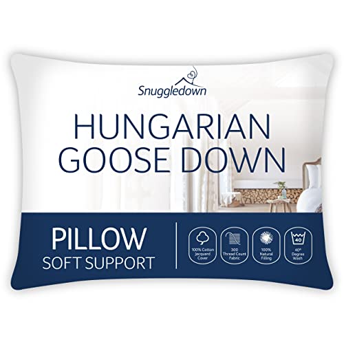 Snuggledown Almohada blanca de plumón de ganso húngaro con soporte suave diseñada para almohadas de cama de personas que duermen de frente, 1 unidad (paquete de 1)