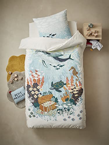 Vertbaudet Juego de funda nórdica y funda de almohada para niños, diseño de Ocean Oeko-Tex®, 140 x 150, 63 x 63 cm, color azul y multicolor