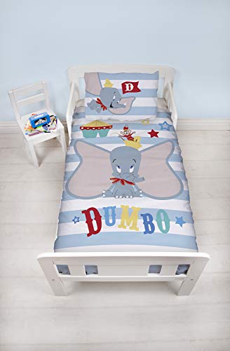Dumbo - Juego de Cama con Funda de edredón y Funda de Almohada, Marca Oficial, para niños, con diseño de Circo a Rayas, Color Azul