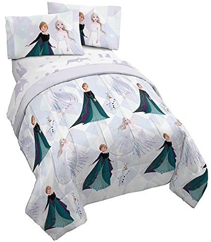 Jay Franco Disney Frozen Juego de cama de 5 piezas de tamaño completo Incluye edredón y juego de sábanas Características de cama Elsa & Anna poliéster súper suave resistente a la decoloración
