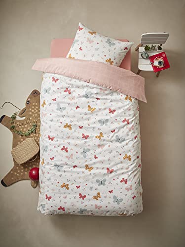 Vertbaudet Juego de funda nórdica y funda de almohada para niños, diseño de mariposas Oeko-Tex®, 140 x 200, 50 x 75, color rosa