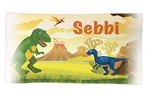 MakeThisMine Toalla infantil de dinosaurio, 50 x 100 cm, personalizable, con el nombre de su elección, colorida toalla de baño, playa, algodón, para seres queridos, cumpleaños, ocasiones especiales