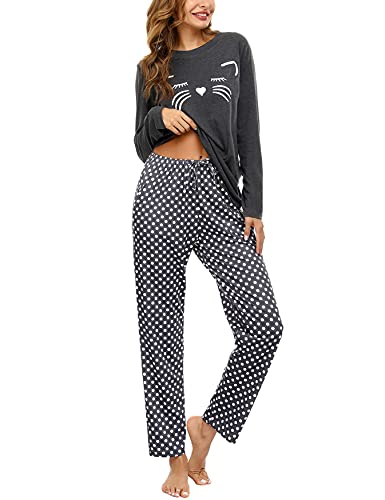 Uniexcosm Pijamas Mujer, Pijamas Mujer Gato Pijamas para Mujer Algodon de Manga Larga Ropa de Casa Dormir Estampado en Cuello Redondo Pijama Mujer 2 Piezas Suave para Casual A:Gris Oscuro L