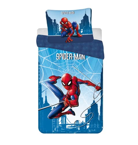 Jerry Fabrics Juego de ropa de cama infantil reversible de Spider-Man City Spinne red azul, funda nórdica de 140 x 200 cm, funda de almohada de 70 x 90 cm, 100% algodón