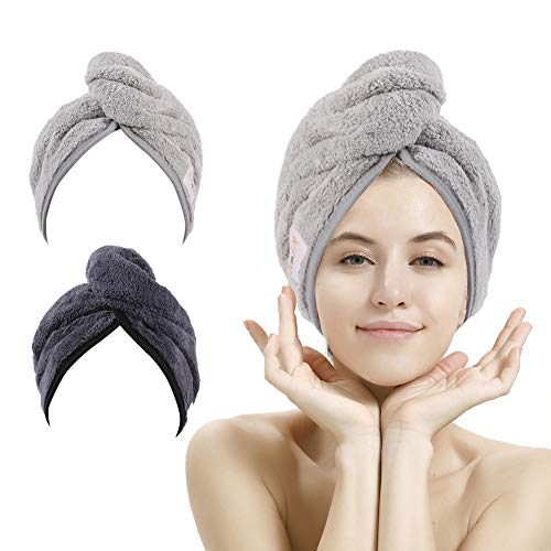 Paquete de 2 toallas de secado del cabello, toalla de pelo, turbante de microfibra súper absorbente con diseño de botón para secar el cabello rápidamente (gris oscuro y gris claro)