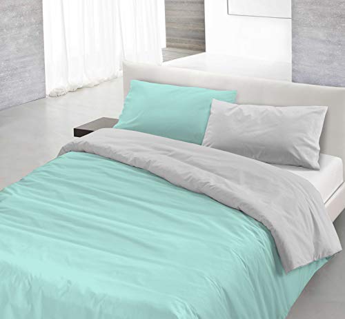 Italian Bed Linen Natural Doble Color y Funda de Almohada, 100 % Algodón, Verde Agua/Gris Claro, 1 Plaza