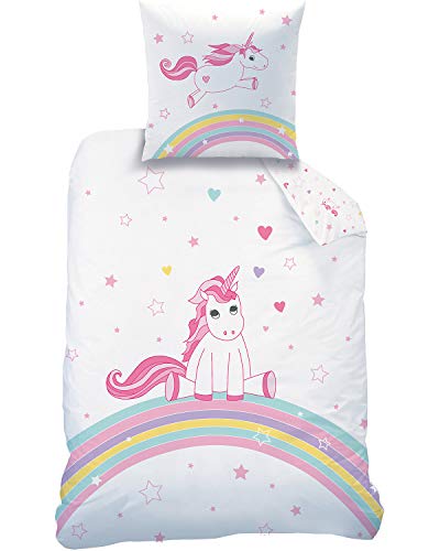 Familando Juego de cama reversible de unicornio, 135 x 200 cm, 80 x 80 cm, 100 % algodón, diseño de unicornio arcoíris, para niñas