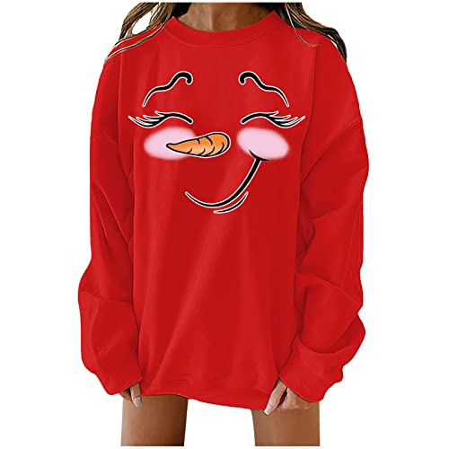 Sudadera deportiva para mujer, fitness, Navidad, talla larga, sudaderas de Navidad, manga grande, blusa de muñeco de nieve, camiseta con estampado, rojo, L