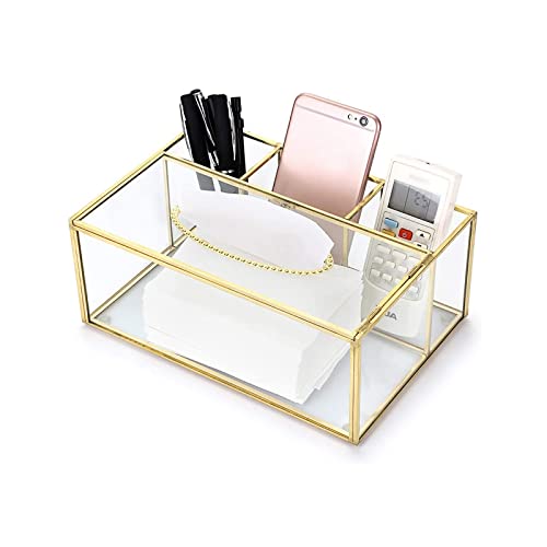 HARLIANGXY Caja de pañuelos dorada, práctica caja de pañuelos de metal y cristal para el baño o la oficina – Dispensador de pañuelos de papel retro