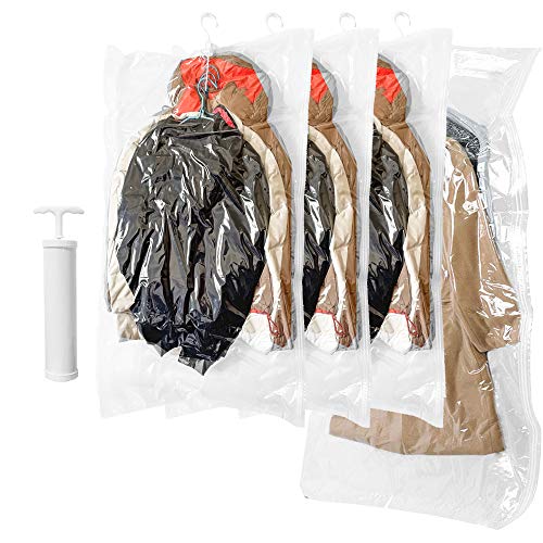 Bolsas colgantes de almacenamiento al vacío, GQC, 4 bolsas de vacío que ahorran espacio para ropa,abrigos o chaquetas, organizador de armario transparente y reutilizable con bomba de mano