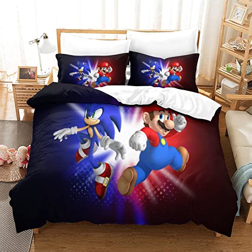 Funda Nórdica Super Mario Bros Estampado Motivo Juego De Ropa De con Funda Edredón Y Fundas De Almohada Ropa De Cama De Suave Acogedora con Cremallera Hipoalergénica MicrofibraconKing（220x240cm）