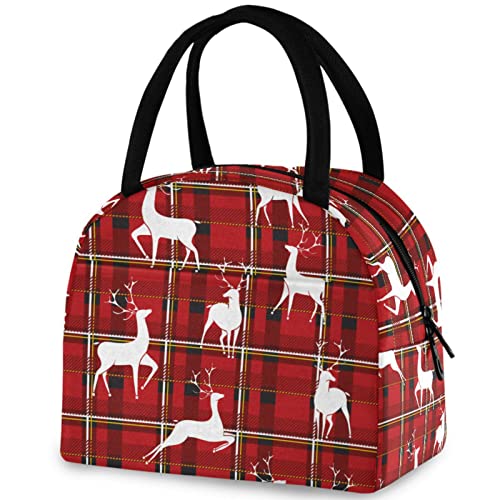 DJNGN Bolsa de almuerzo reutilizable con patrón de ciervos a cuadros rojos de Navidad, bolsa de contenedor térmico aislado para el regreso a la escuela, trabajo, picnic, viajes, pesca, playa