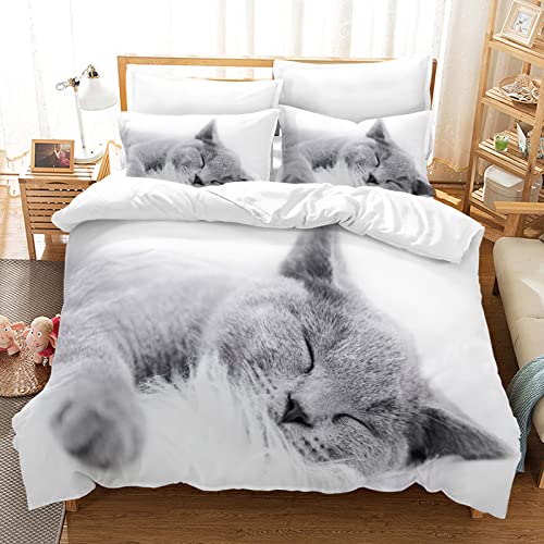 Juego de cama de gato, estampado de 135 x 200 cm, funda nórdica con 2 fundas de almohada 3D para animales de compañía, estampado de cama de microfibra para adultos, niños y niñas
