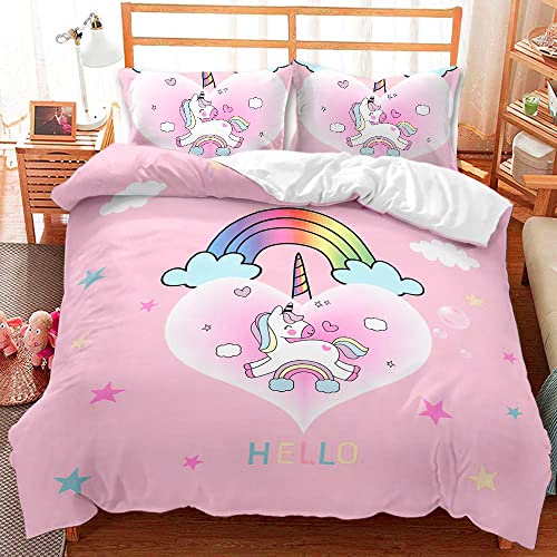 AOXHFNV Juego de funda nórdica de unicornio rosa, bonito arco iris blanco nube unicornio niña ropa de cama 135 × 200 cm, diseño de unicornio con 2 fundas de almohada (220 × 2400 cm, rosa 2)