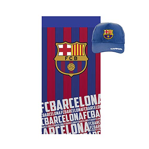 New Pack Especial Regalo Toalla de algodón para Playa, baño, Trading,Gimnasio + Gorra Adulto con Visera FCB Barcelona.