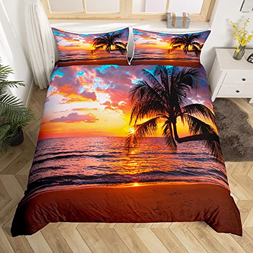 Hawaiian Holiday - Funda de edredón para niños y niñas - Chic Mer Coucher de Sol Paisaje Tropical Palm Tree - Juego de cama de 140 x 200 cm