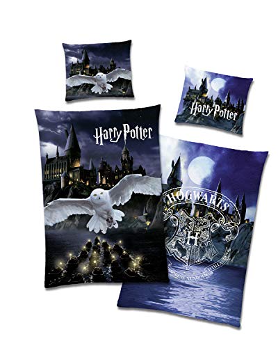 Familando Juego de ropa de cama reversible de Harry Potter, 135 x 200 cm, 80 x 80 cm, 100% algodón, diseño de búho de Hedwig · Hogwarts, tamaño alemán, ropa de cama de verano