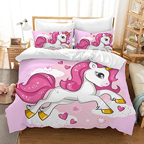 Rowjoy Juego de ropa de cama para niños, juego de ropa de cama infantil de dibujos animados, funda nórdica con cremallera y 2 fundas de almohada (Jump Unicorn, 200 x 200 cm)