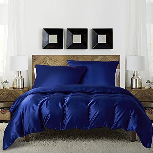 Juego de cama de 240 x 260 cm, satén para 2 personas, color azul liso, juego de funda nórdica de microfibra con cremallera y 2 fundas de almohada de 65 x 65 cm.
