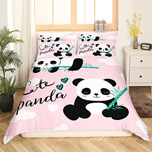 Panda Ropa de cama de 135x200 cm, diseño de panda de dibujos animados de bambú, funda nórdica Kawaii Animal Panda rosa, 1 funda nórdica con 1 funda de almohada de 80x80 cm