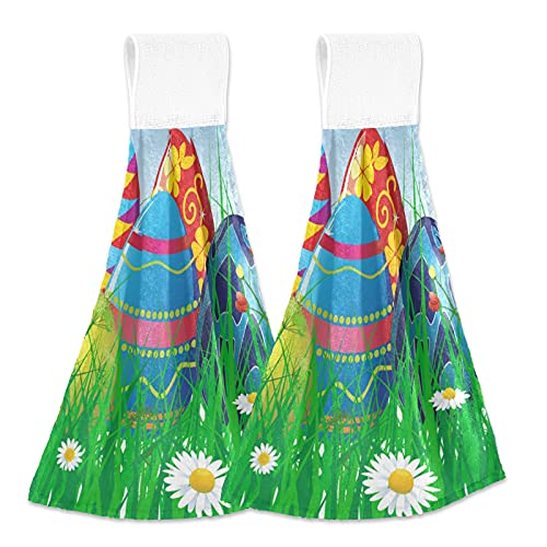 Oarencol Toalla de mano de cocina de Pascua huevos coloridos margaritas mariposa flor hierba absorbente toallas de corbata con lazo para baño 2 piezas