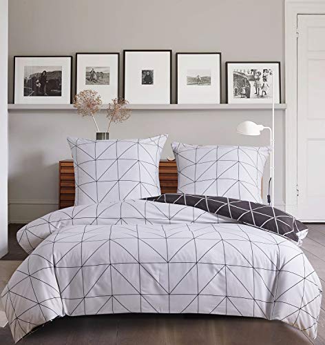 Gezu Juego de funda nórdica de 220 x 240 cm, diseño geométrico gris y blanco, reversible, juego de cama para 2 personas, microfibra con 2 fundas de almohada de 65 x 65 cm con cremallera