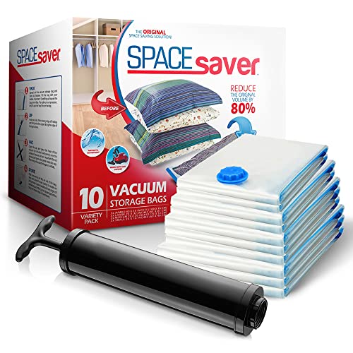 Spacesaver Bolsas de vacio ropa Premium, 80% Más de Almacenamiento, Bomba para Viajes, Sello de doble cierre y válvula turbo con triple sellado, Bolsas Vacío Ahorro de Espacio-Variedad 10 Piezas