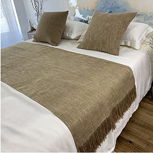 Camino de cama tamaño súper king, toalla de lino con borlas, bufandas de cama para dormitorio, manta de cama simple para hotel, sala de boda, marrón, 70 x 210 cm