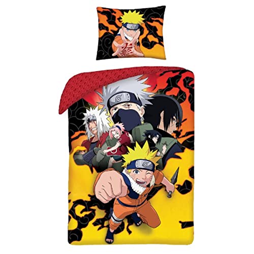 NARUTO PERSONAGGI Protagonisti Kakashi Sasuke Sakura - Juego de cama de algodón - Funda nórdica de 140 x 200 cm y funda de almohada de 70 x 90 cm - Multicolor