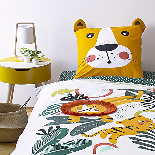 CÔTE DECO Juego de cama infantil reversible de león verde y amarillo, funda nórdica de 140 x 200 cm + 1 funda de almohada de 63 x 63 cm, 100% algodón