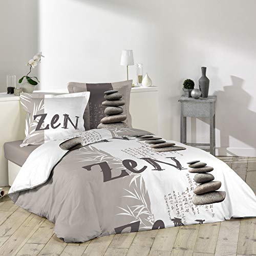 Douceur d'Intérieur 1641550 Zen - Juego de cama con 2 fundas de almohada (algodón, 240 x 220 cm), multicolor