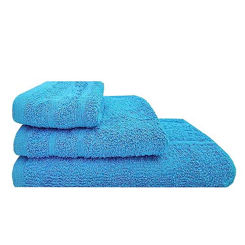 Acomoda Textil – Juego 3 Toallas de Baño 100 Algodón. Pack 3 Toalla Rizo con Cenefa 450 gr/m2, Toallas de Ducha, Lavado y Bidet Suave y Absorbente Pasa Aseo y Gimnasio. (Azul)