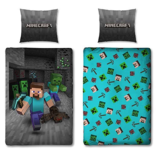 Juego de cama reversible Minecraft con diseño de Steve Zombie Creeper (135 x 200 cm + 80 x 80 cm)