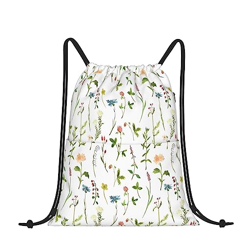 UNIOND Acuarelas de hierbas flores impreso cordón mochila impermeable bolsa de cuerda gimnasio mochila para compras deporte yoga, Negro, Talla única
