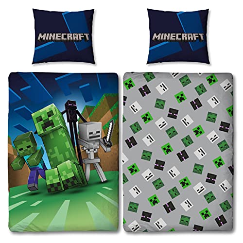 Familando Juego de cama reversible Minecraft Creep de 135 x 200 cm + 80 x 80 cm, 100% algodón, diseño de bloques artesanales TNT y azada de batalla, color azul