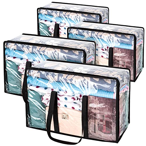 Paquete de 4 bolsas de almacenamiento transparentes para ropa, caja de almacenamiento grande debajo de la cama con tapa, edredones, mantas