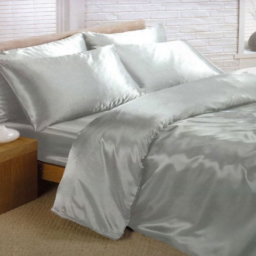 Juego de funda de edredón, sábana y 4 fundas de almohada de satén, color plata (tamaño grande), color rojo satinado