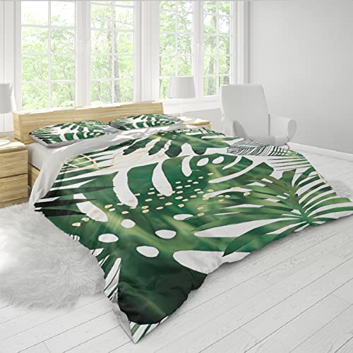 RIVINE King Size Funda de Edredón Set 3 Piezas Green Tropical Plant Palm Leaves Soft Microfiber Bedding Set para la decoración del Dormitorio con 2 Almohadas Shams 230x220cm