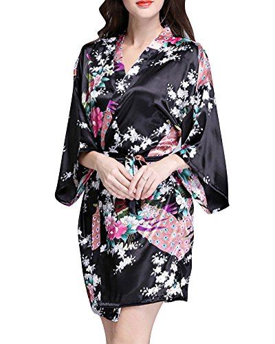 Mujer Pijama Lencería Kimono Corto Satén Estampado Floral Encaje Gown Negro L