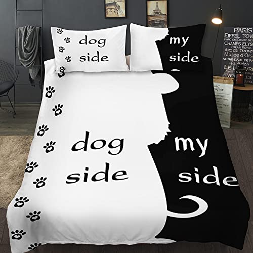 AOXHFNV Juego de ropa de cama de la serie en blanco y negro con diseño de perro y mi lado, funda nórdica y funda de edredón para pareja, color blanco y negro (220 x 240 cm, lado perro)