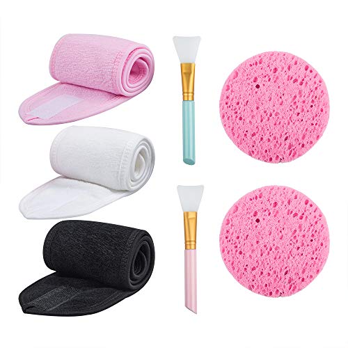 YuCool - Paquete de 3 diademas faciales para spa, toalla para maquillaje, antideslizante, elástica, ajustable, con cinta mágica - con 2 cepillos de silicona y 2 esponjas para lavado facial