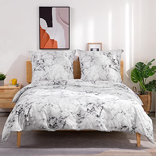 TOCOMOA Juego de ropa de cama de 155 x 220 cm, microfibra, 2 piezas, aspecto de mármol, color blanco, funda nórdica suave y mullida con cremallera y 1 funda de almohada de 80 x 80 cm