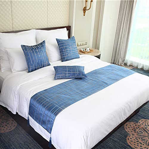 Funda de cama jacquard azul con rayas geométricas, bufanda de cama, colcha con borlas, manta de protección, decoración de cama, toalla para dormitorio, hotel, 45 x 180 cm