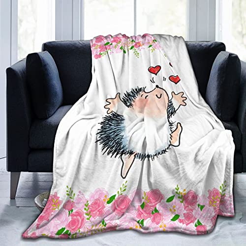 IUBBKI Manta de erizo con estampado de flores, manta de franela de felpa súper suave para todas las estaciones, edredón para sofá, sala de estar, 50 x 60 pulgadas (125 x 150 cm)